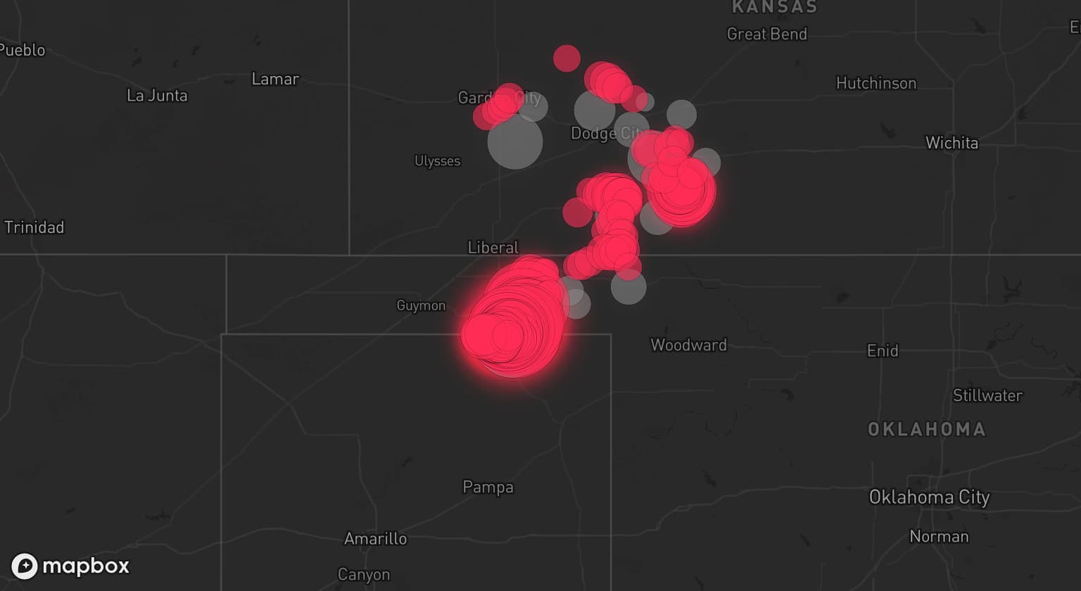 Storm map for 13 areas across Texas, Kansas, and Oklahoma