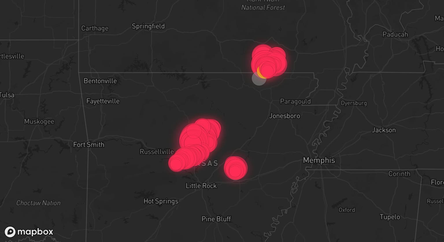 Storm map for 5 areas across Arkansas and Missouri