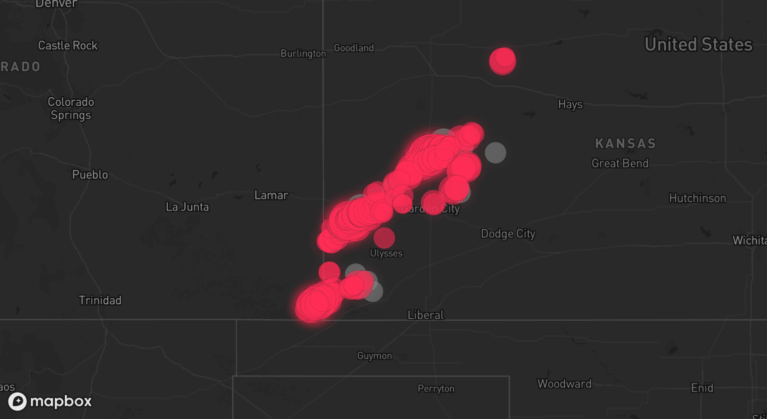 Storm map for 9 areas across Kansas and Colorado