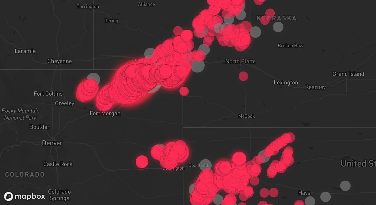 Storm map for 62 areas across Colorado, Nebraska, New Mexico, Kansas, South Dakota, Oklahoma, and Iowa