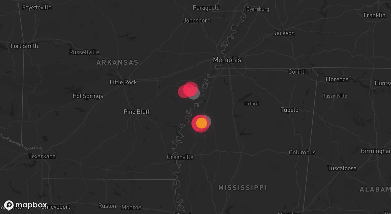 Storm map for 2 areas across Mississippi and Arkansas