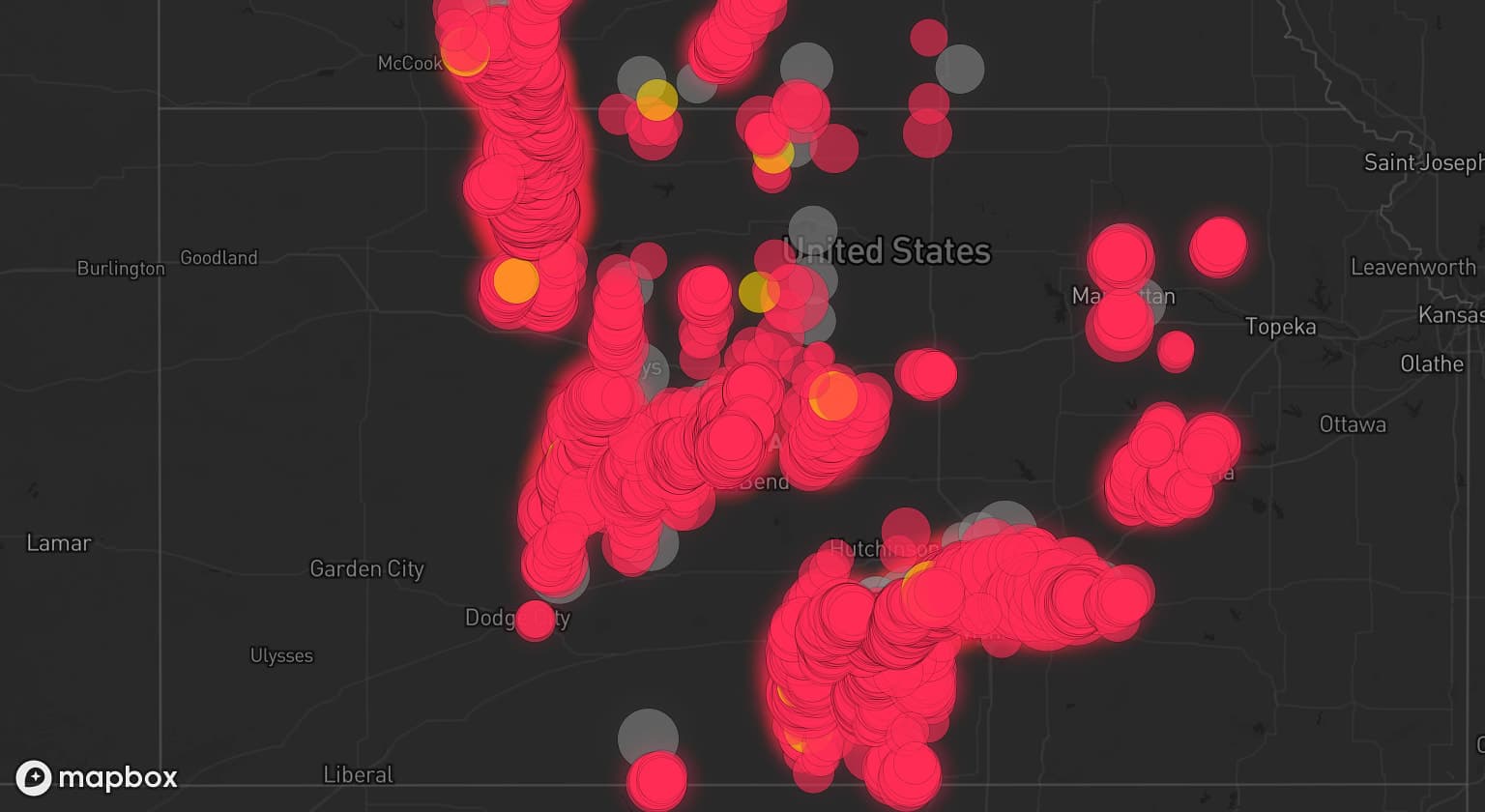 Storm map for 46 areas across Kansas and Nebraska
