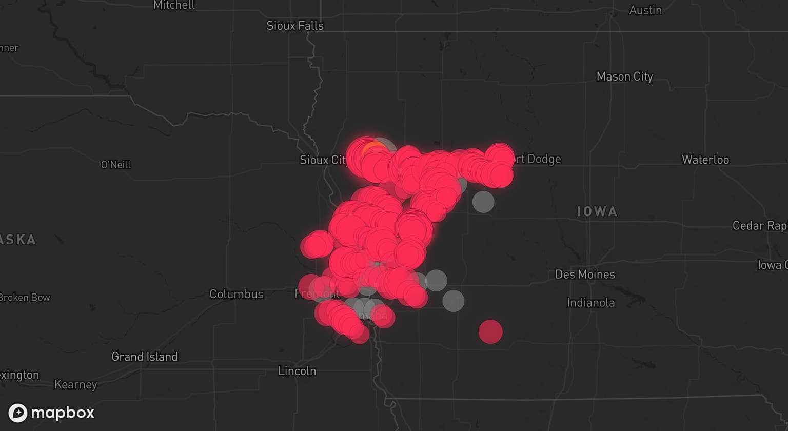 Storm map for 14 areas across Iowa and Nebraska