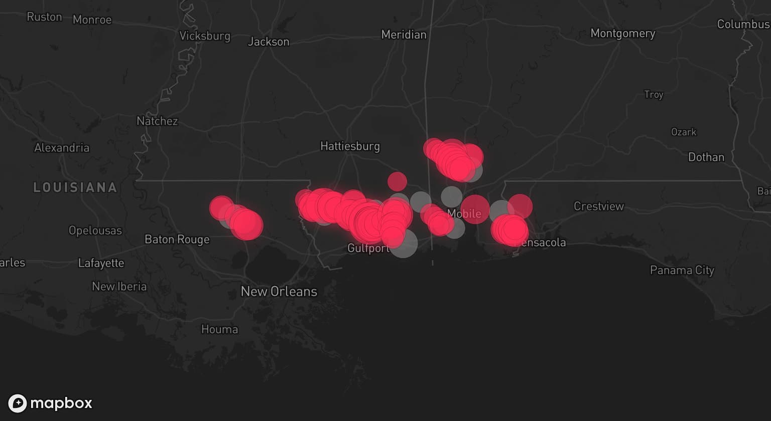 Storm map for 11 areas across Mississippi, Louisiana, and Alabama