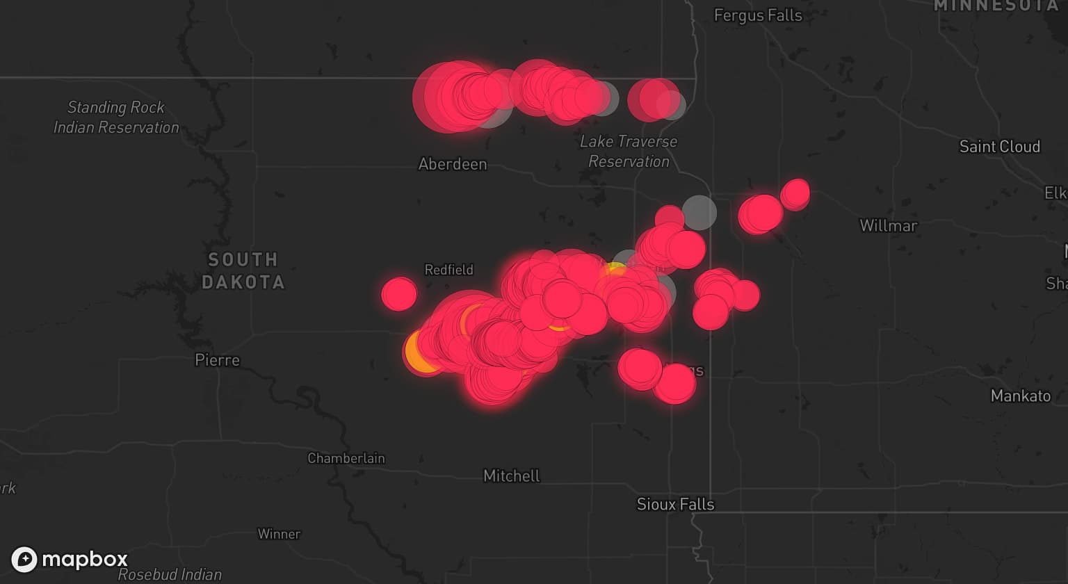 Storm map for 12 areas across South Dakota