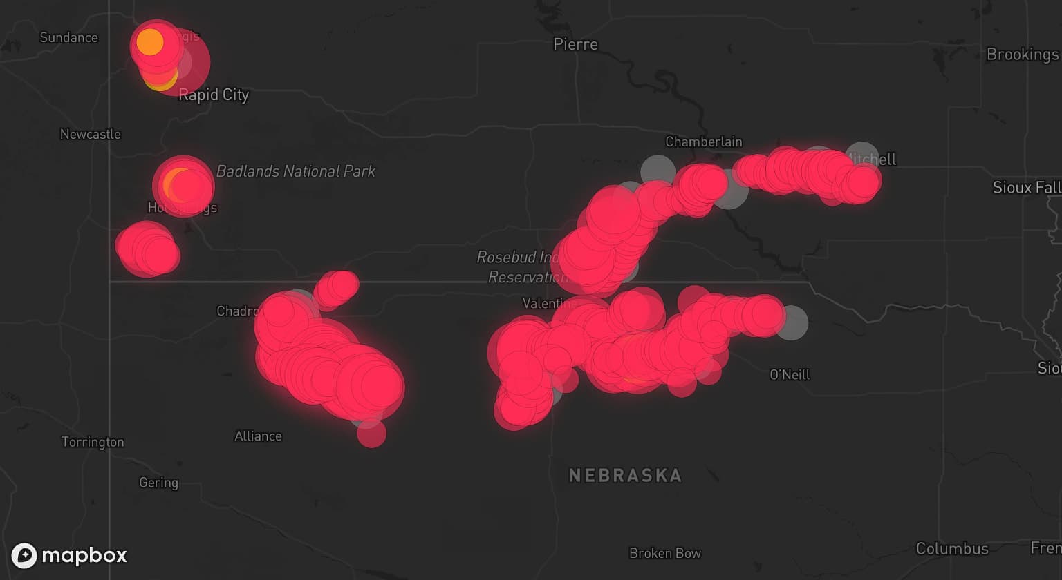 Storm map for 19 areas across Nebraska and South Dakota
