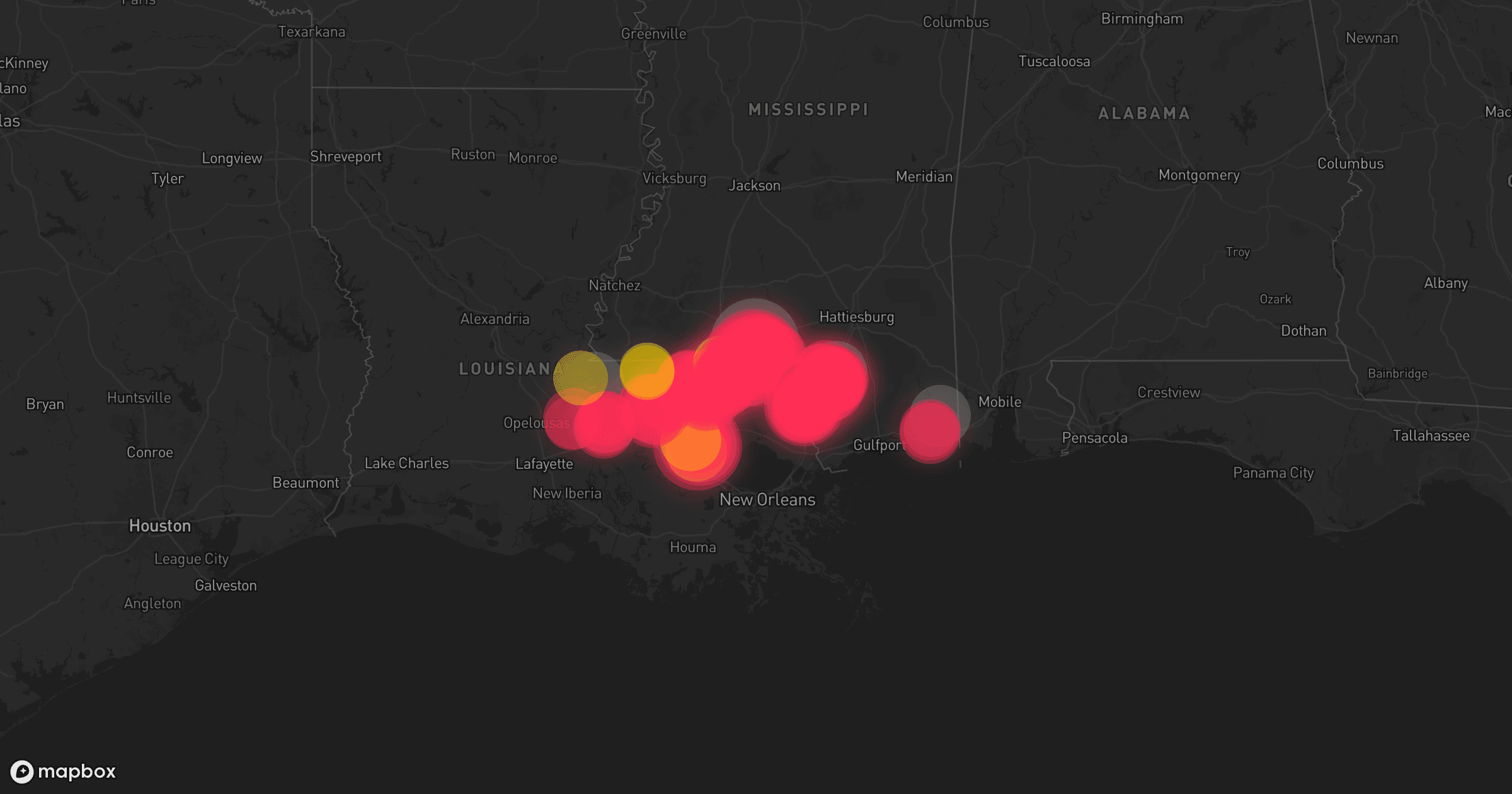 Storm map for 11 areas across Mississippi and Louisiana