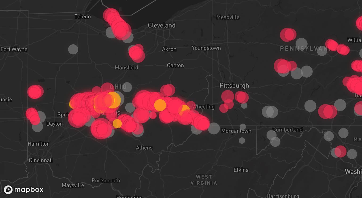 Storm map for 66 areas across Ohio, Pennsylvania, West Virginia, Maryland, New Jersey, Virginia, and New York