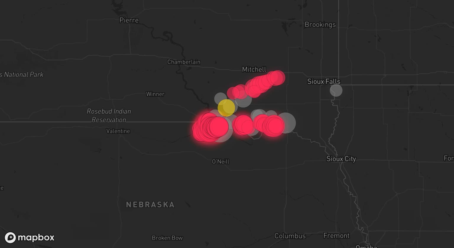 Storm map for 13 areas across Nebraska, South Dakota, and Iowa