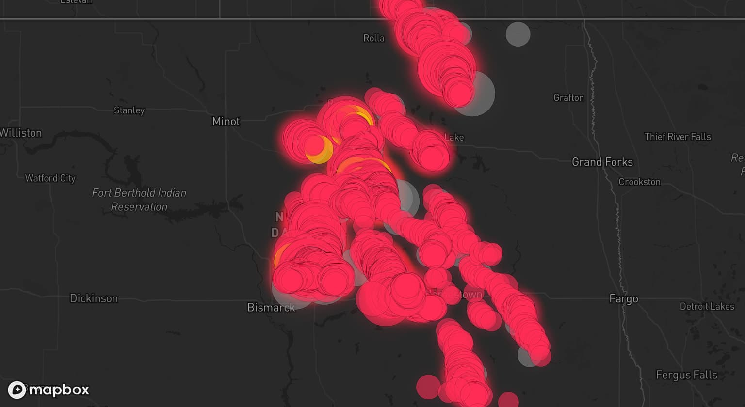 Storm map for 27 areas across North Dakota