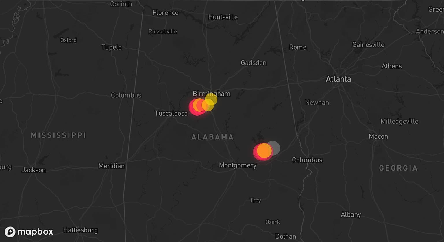 Storm map for 2 areas across Alabama