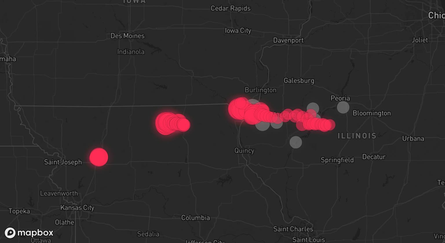 Storm map for 8 areas across Illinois and Missouri