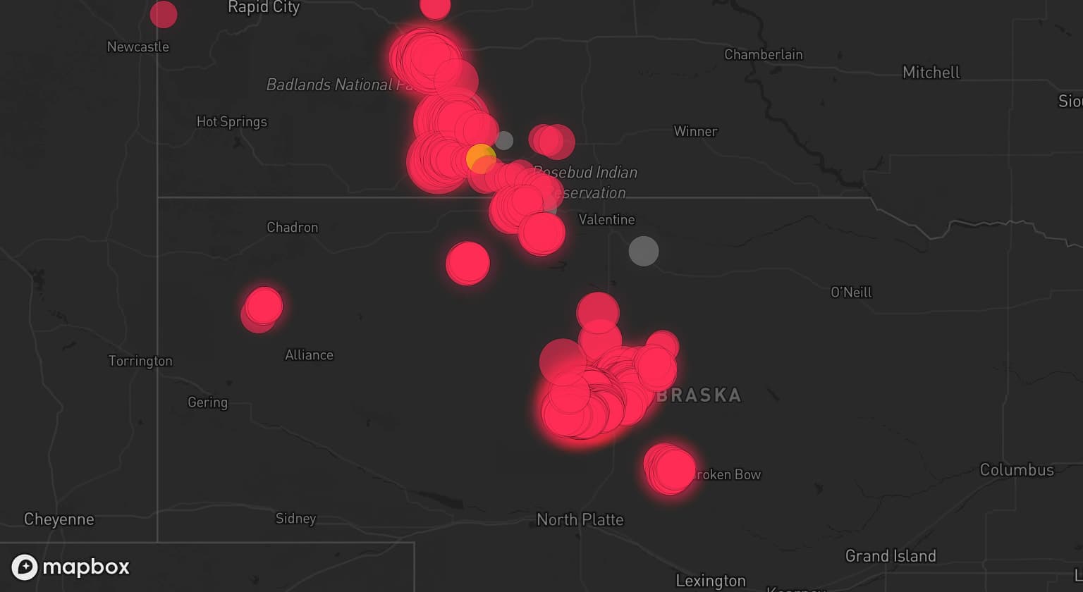 Storm map for 6 areas across South Dakota and Nebraska