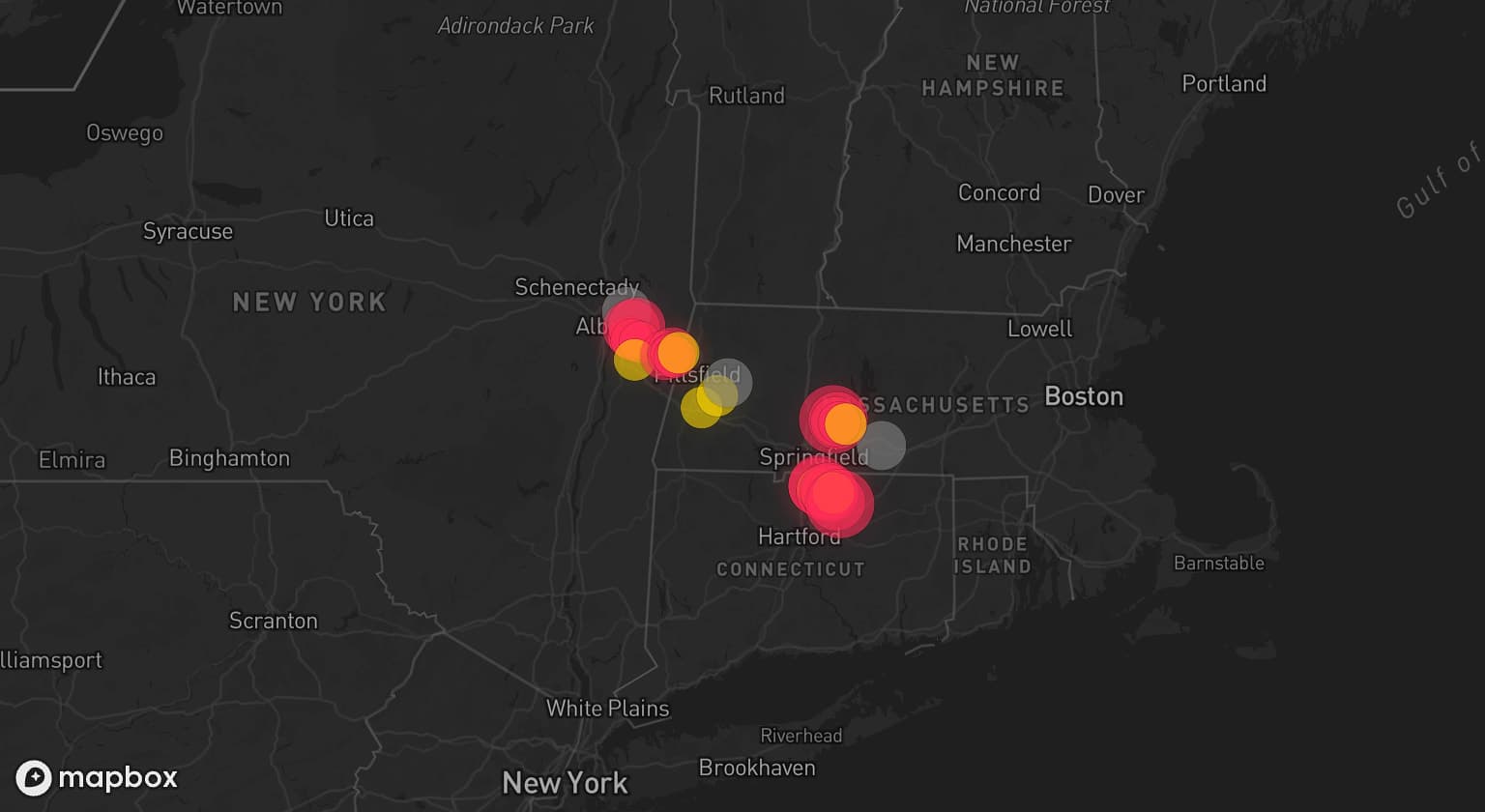 Storm map for 3 areas across Massachusetts and New York