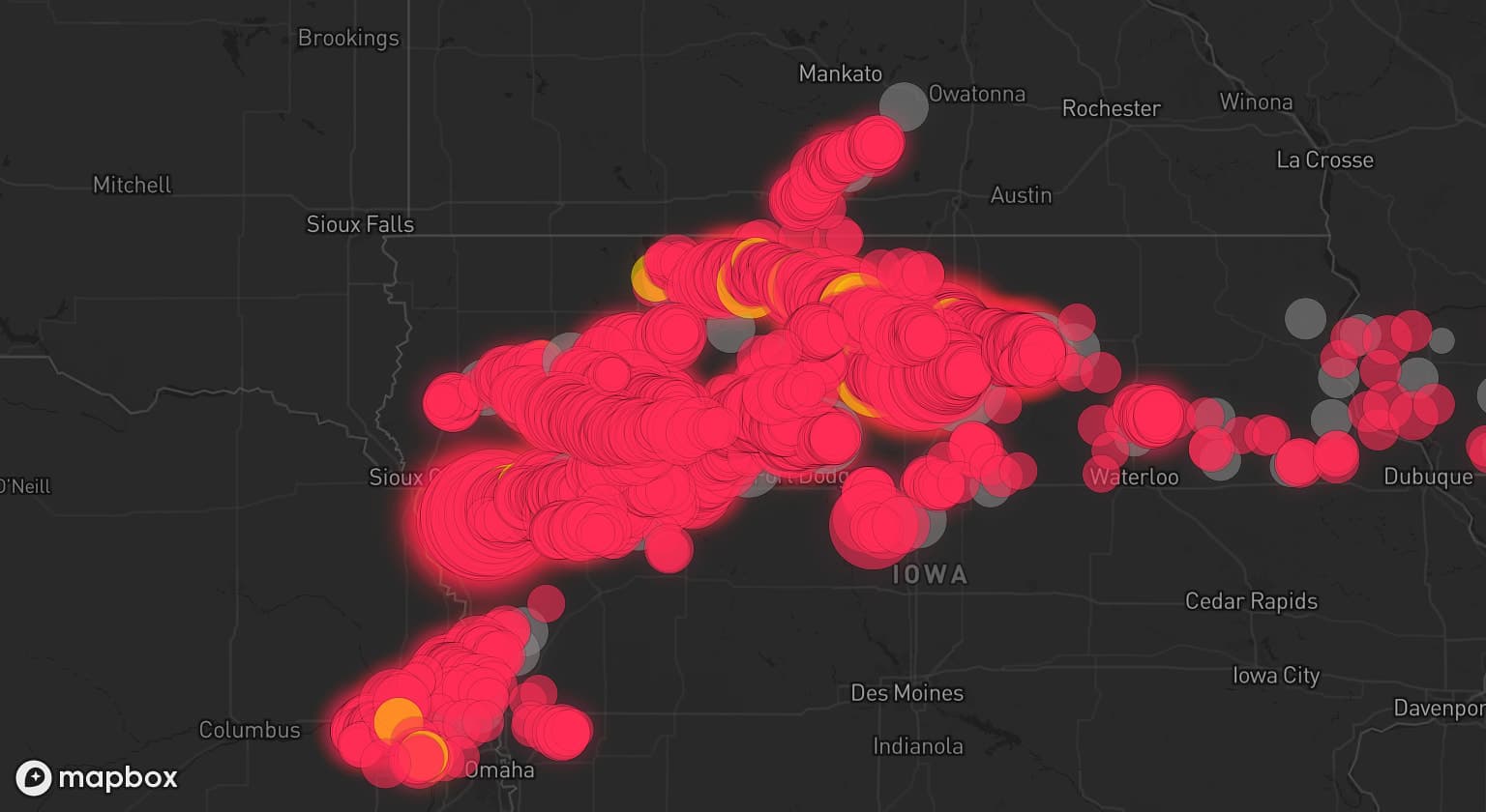 Storm map for 56 areas across Iowa, Minnesota, Wisconsin, and Nebraska