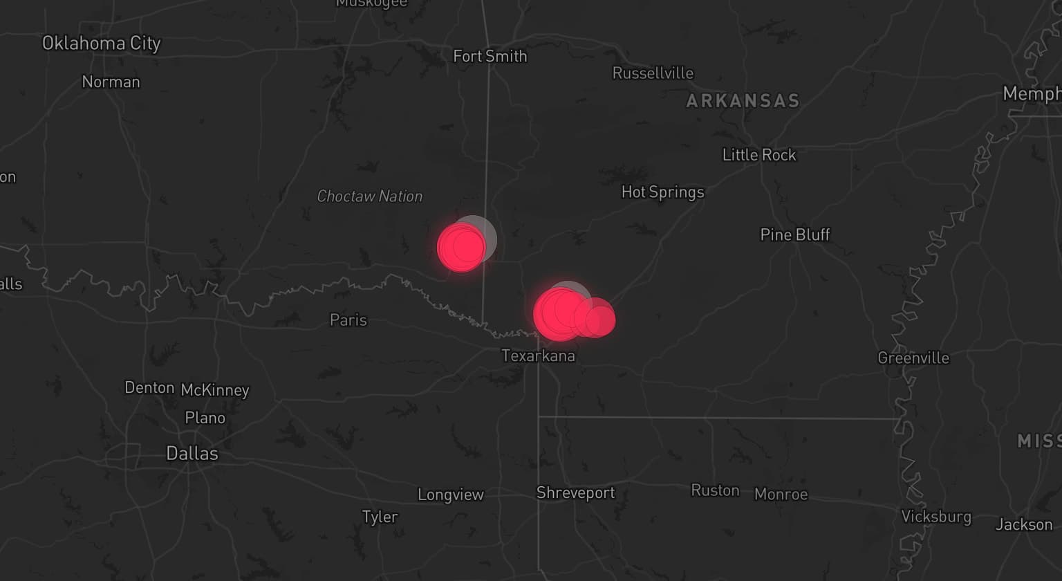 Storm map for 2 areas across Arkansas and Oklahoma