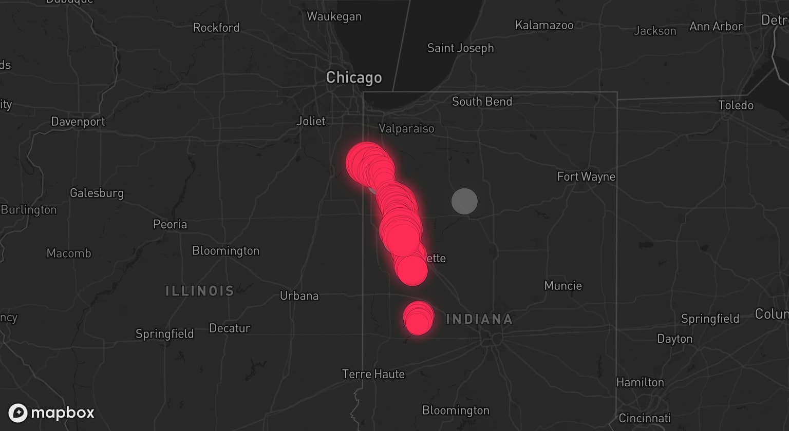 Storm map for 6 areas across Indiana