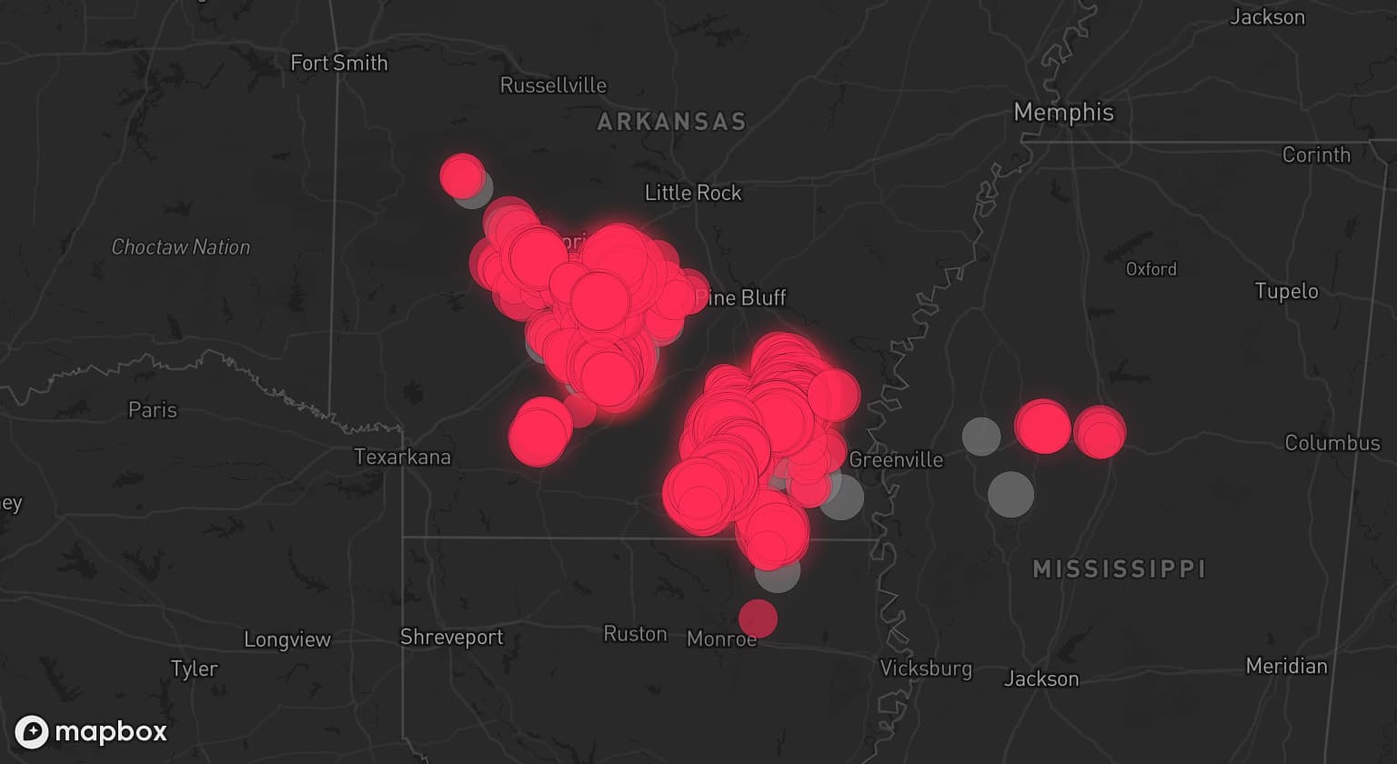 Storm map for 18 areas across Arkansas, Mississippi, and Louisiana