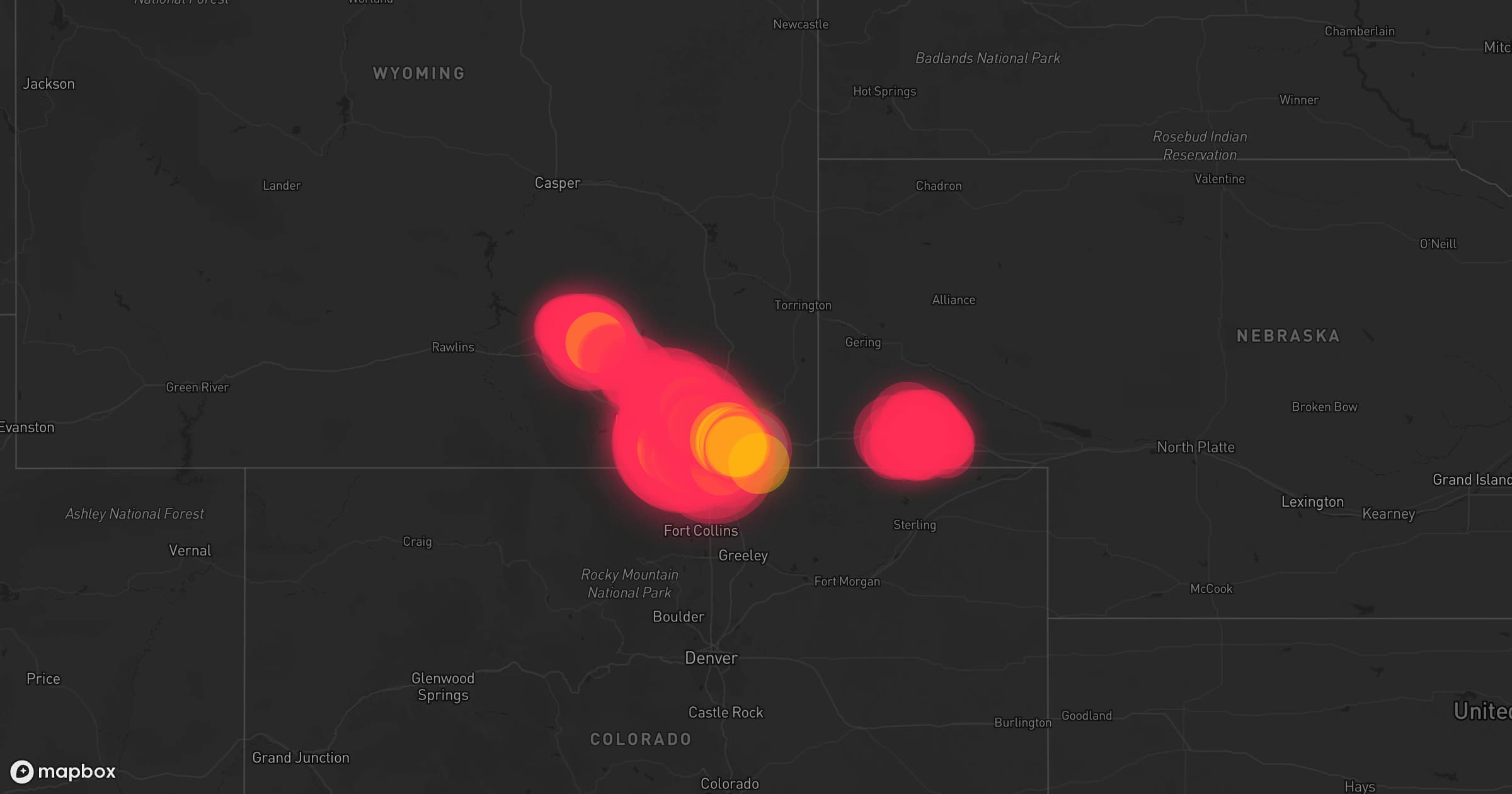 Storm map for 56 areas across Colorado, New Mexico, Wyoming, Nebraska, Texas, and Oklahoma