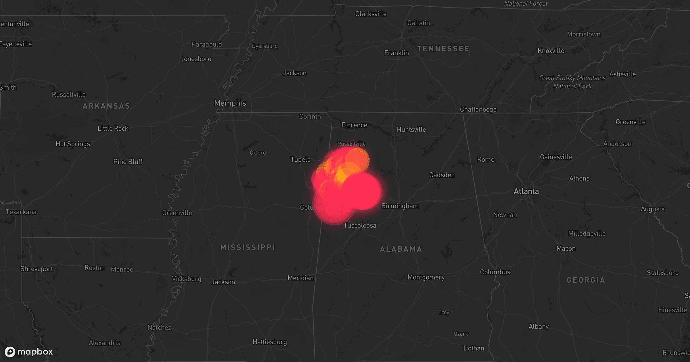 Storm map for 2 areas across Alabama and Mississippi