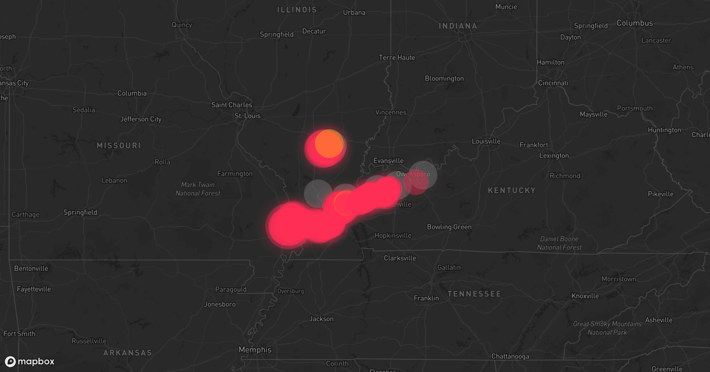 Storm map for 37 areas across Tennessee, Kentucky, Illinois, Georgia, and Alabama