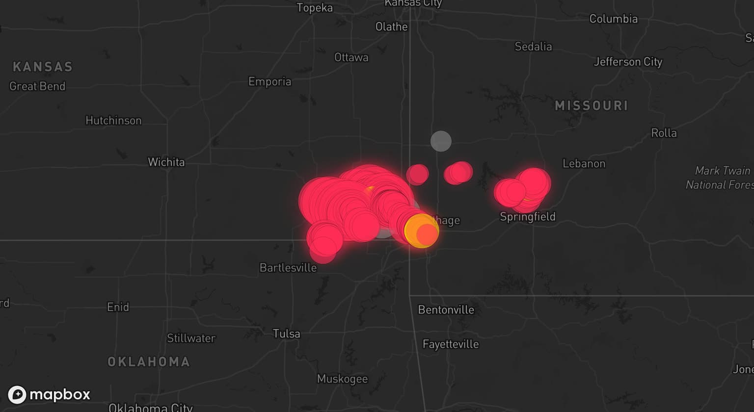 Storm map for 10 areas across Kansas and Missouri