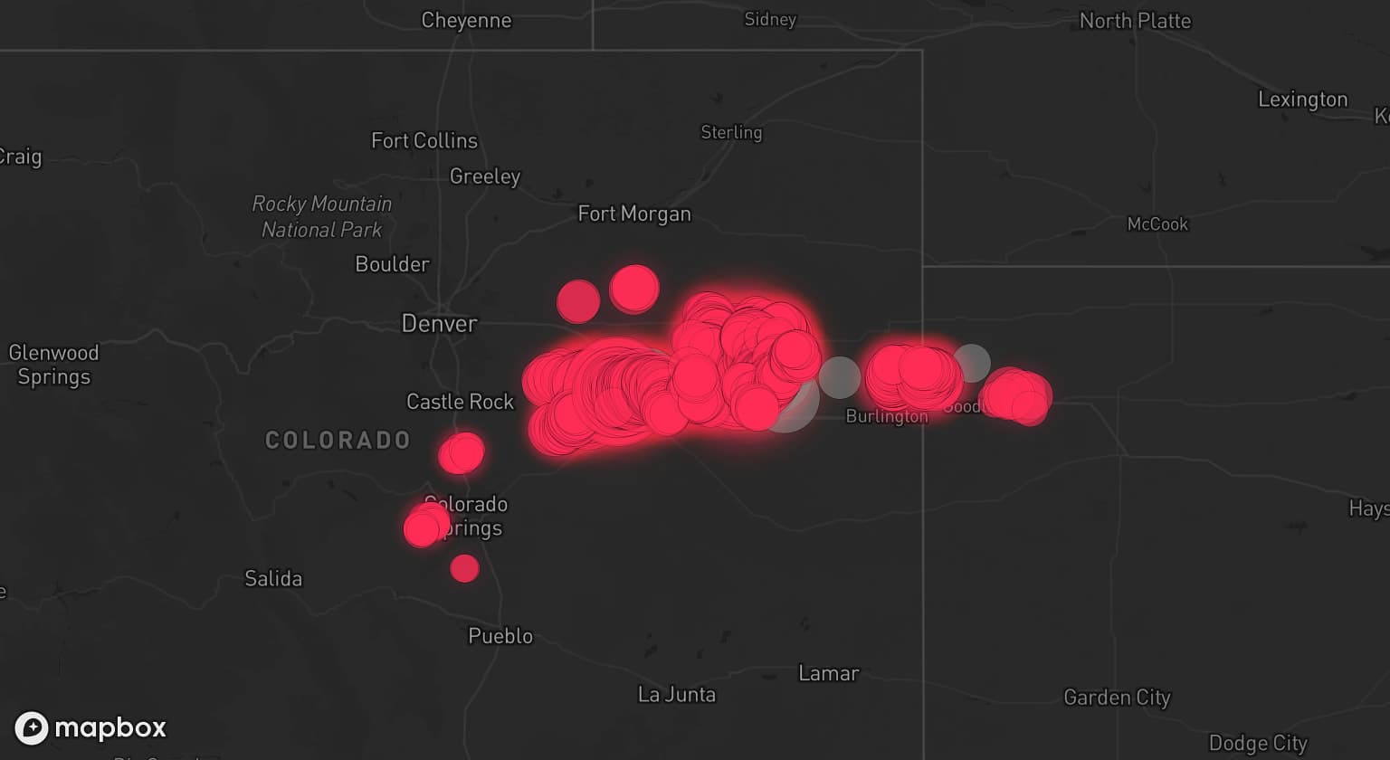 Storm map for 6 areas across Colorado and Kansas