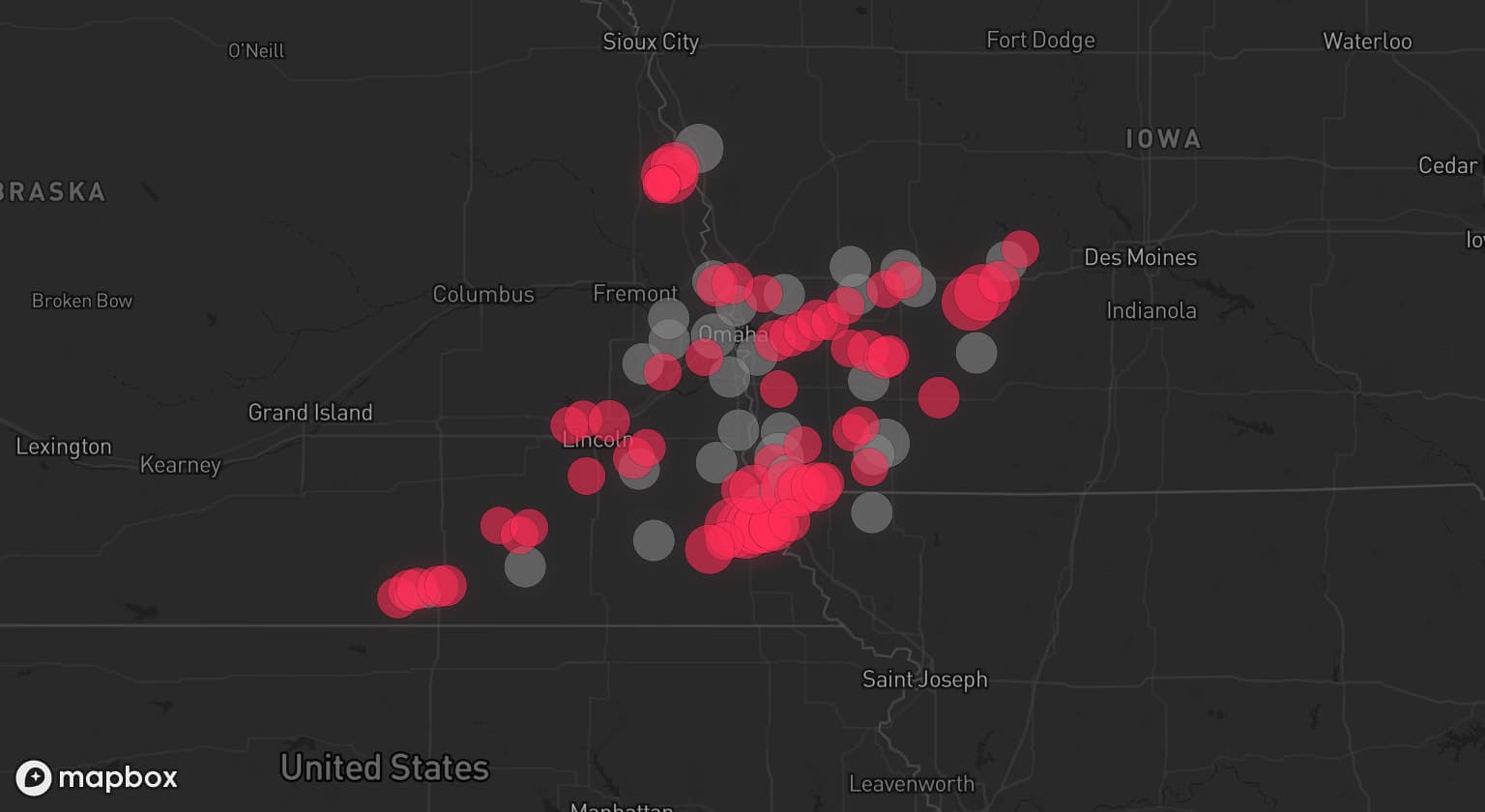 Storm map for 27 areas across Iowa, Nebraska, and Missouri