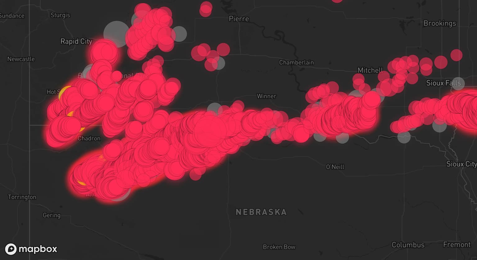Storm map for 53 areas across Nebraska, South Dakota, Iowa, North Dakota, and Minnesota