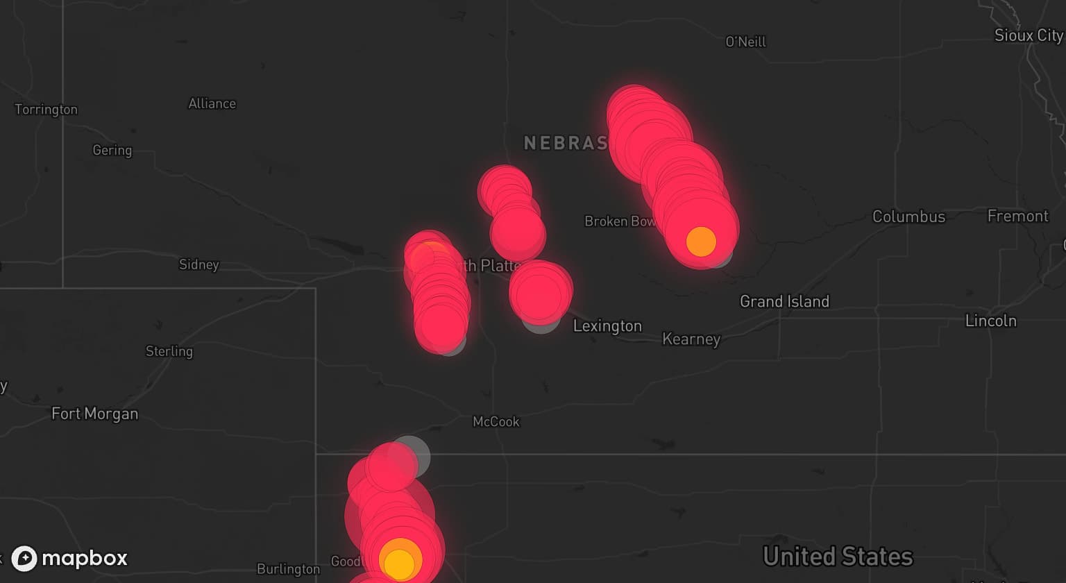 Storm map for 12 areas across Nebraska and Kansas