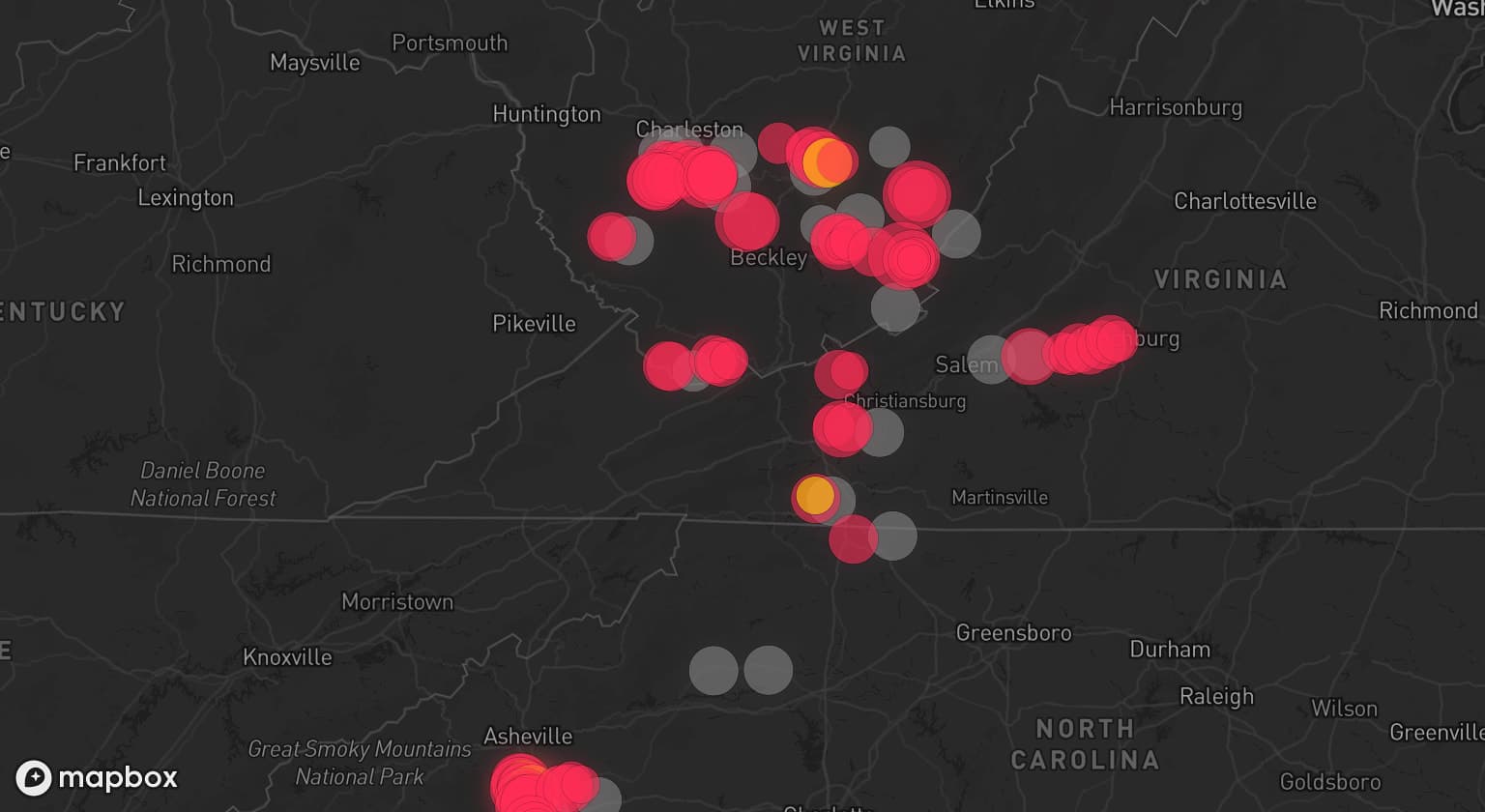 Storm map for 22 areas across South Carolina, North Carolina, West Virginia, and Virginia