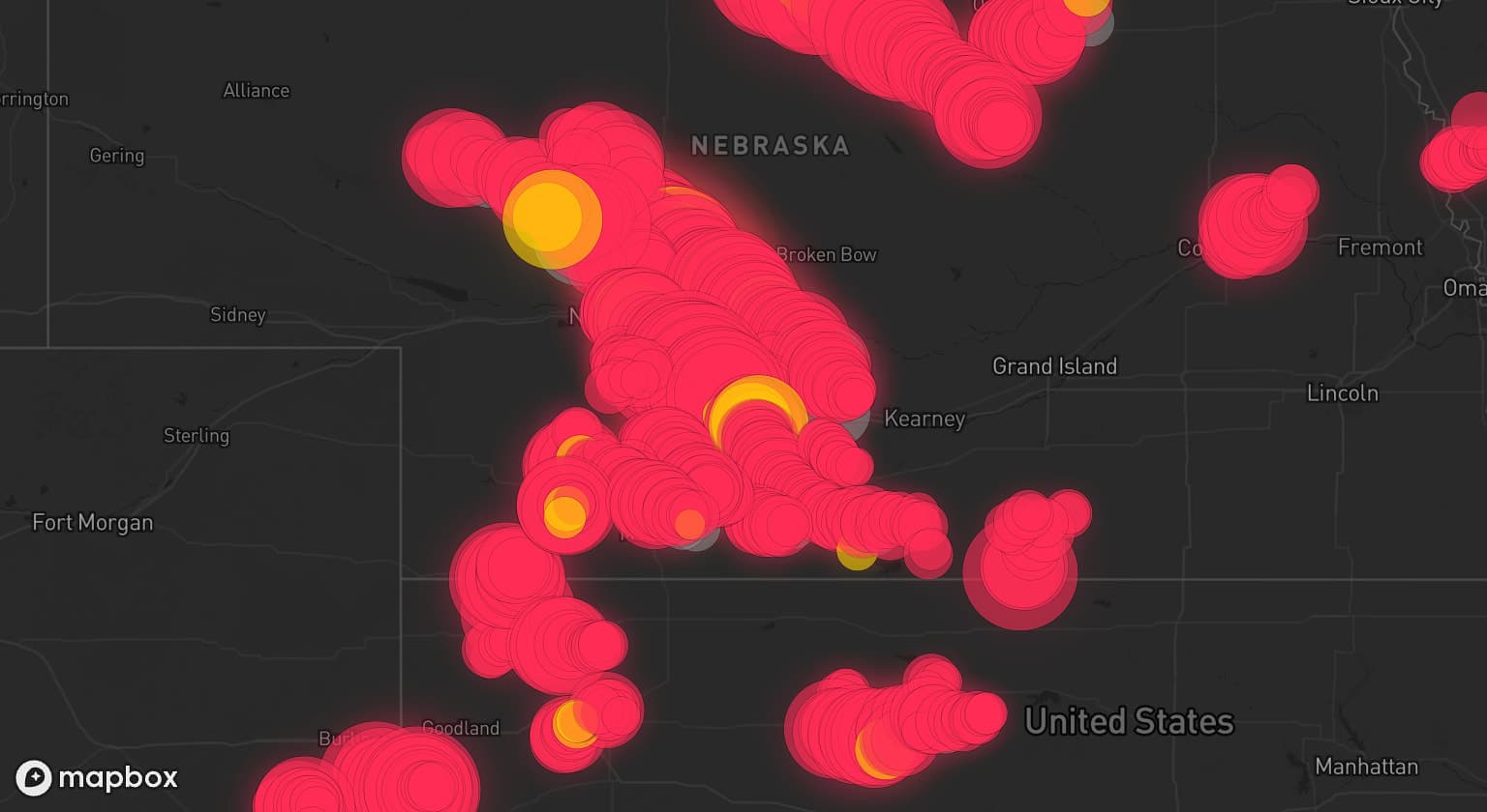 Storm map for 39 areas across Nebraska, Kansas, Colorado, and Iowa