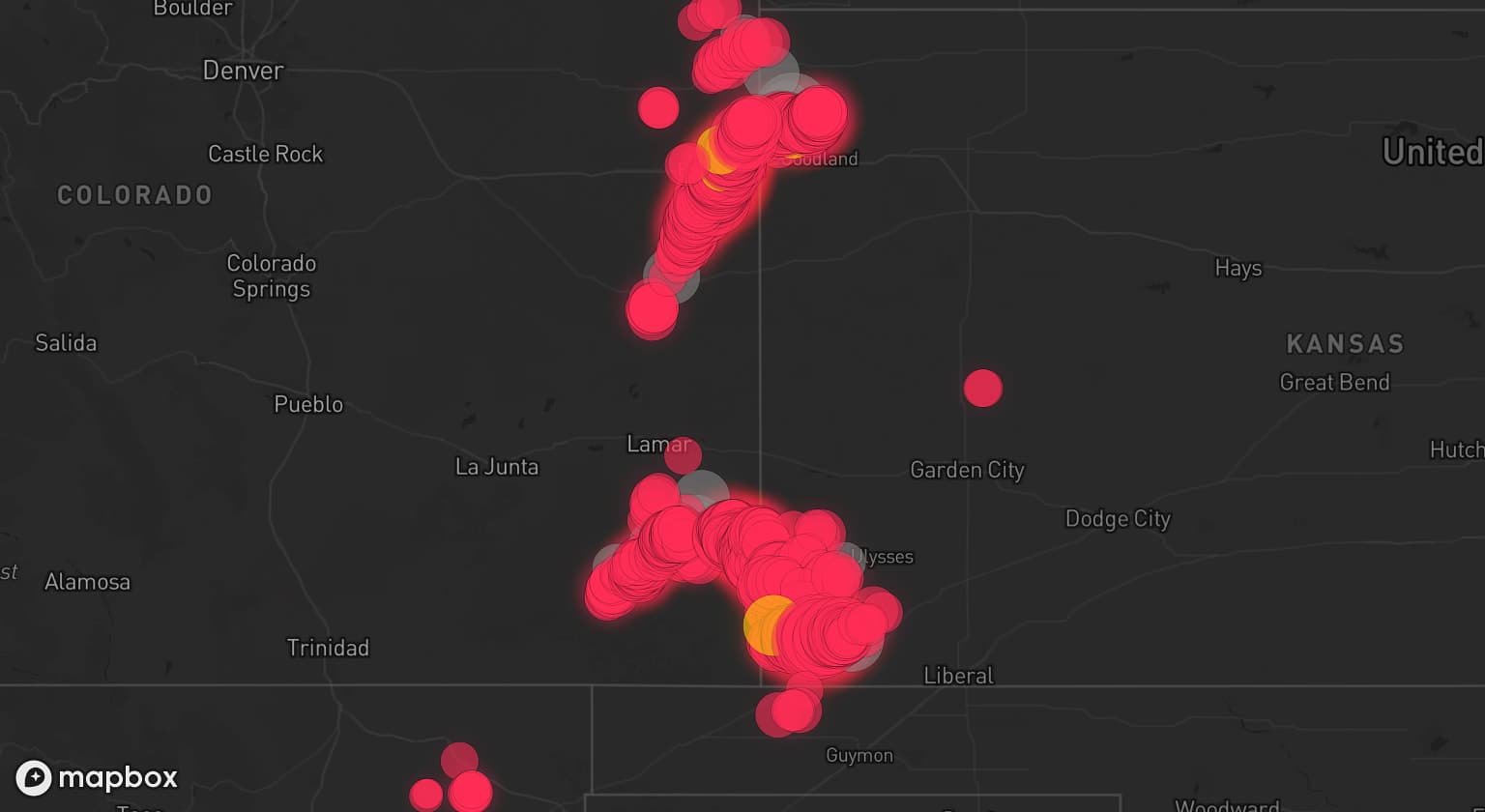 Storm map for 11 areas across Kansas and Colorado