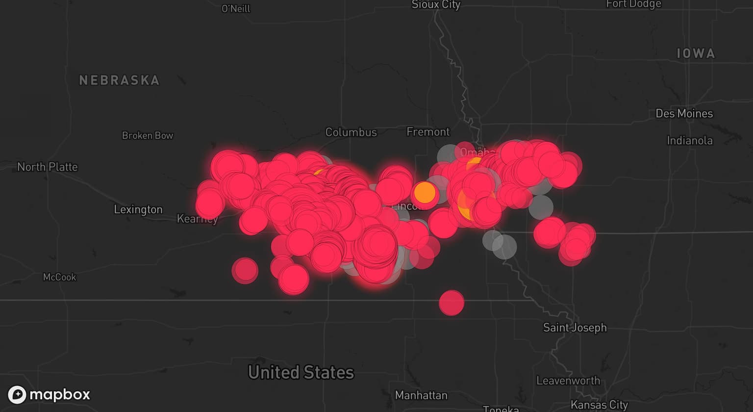Storm map for 31 areas across Nebraska, Iowa, and Missouri