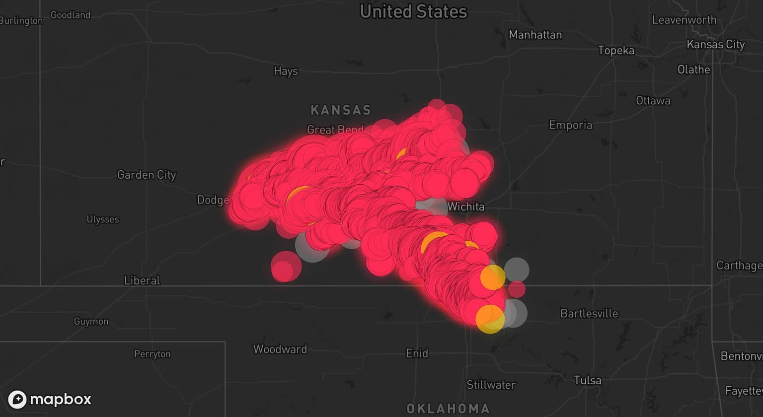 Storm map for 27 areas across Kansas and Oklahoma