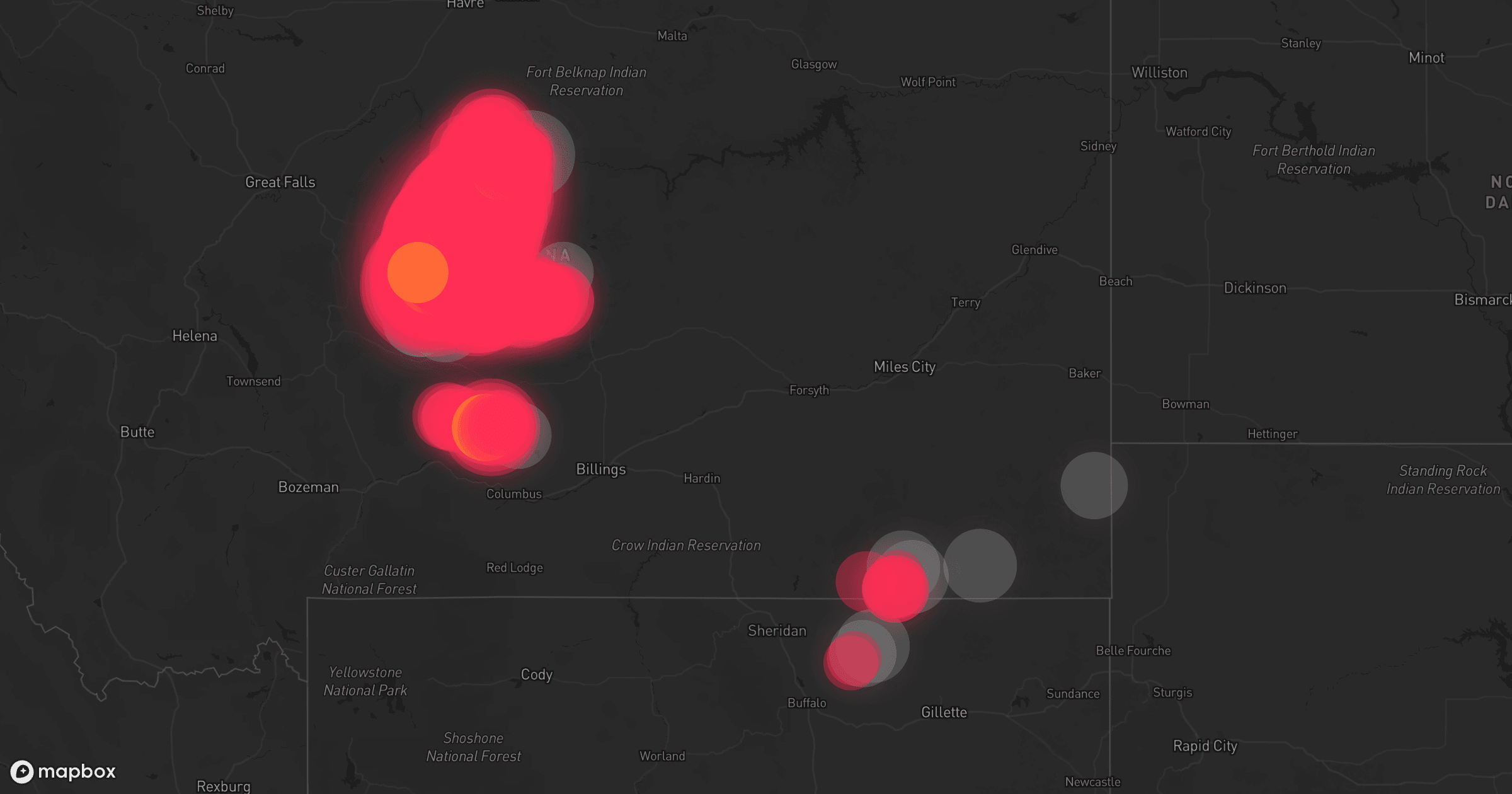 Storm map for 25 areas across Montana, Wyoming, South Dakota, and Nebraska