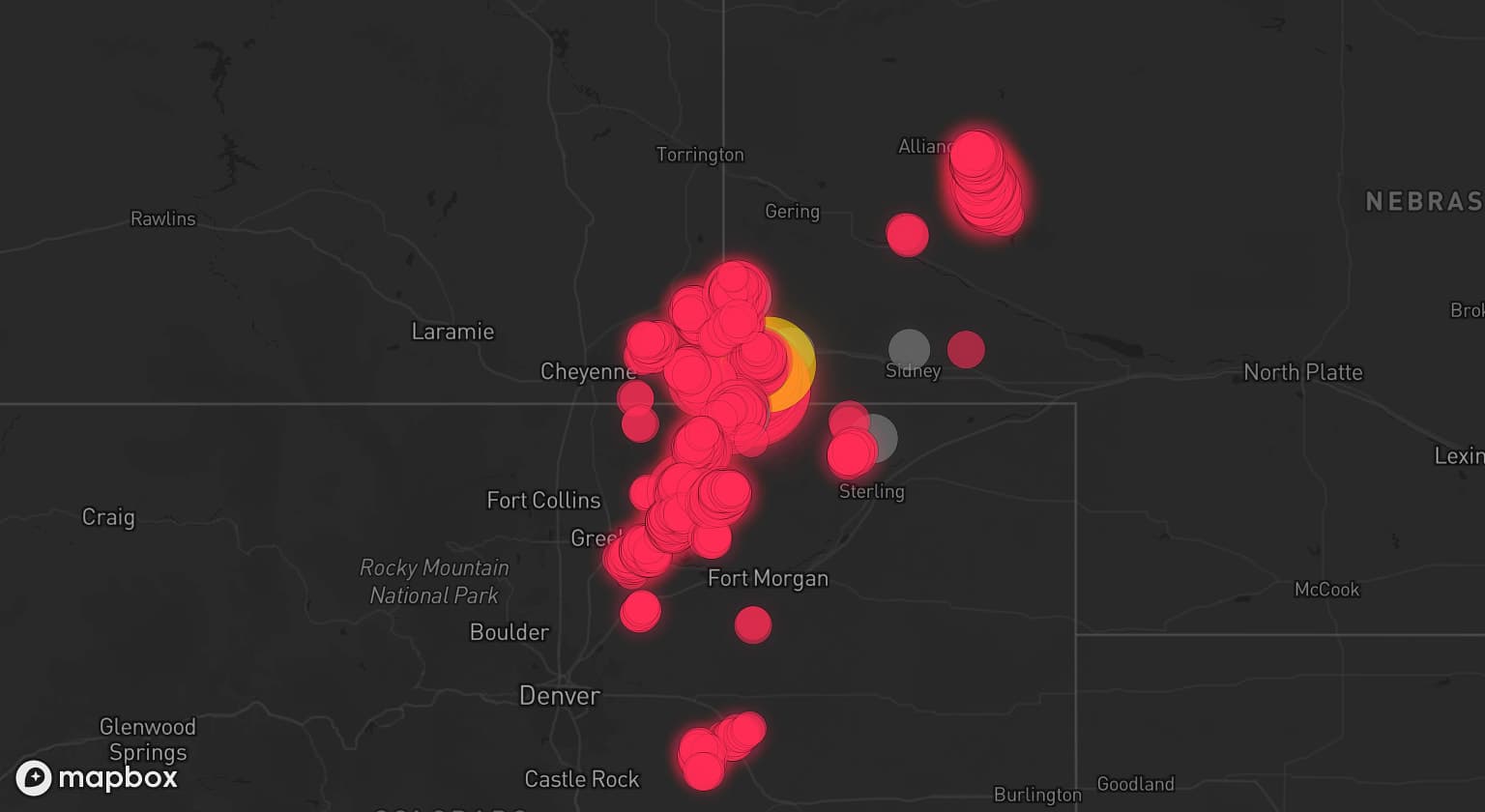 Storm map for 8 areas across Nebraska, Colorado, and Wyoming