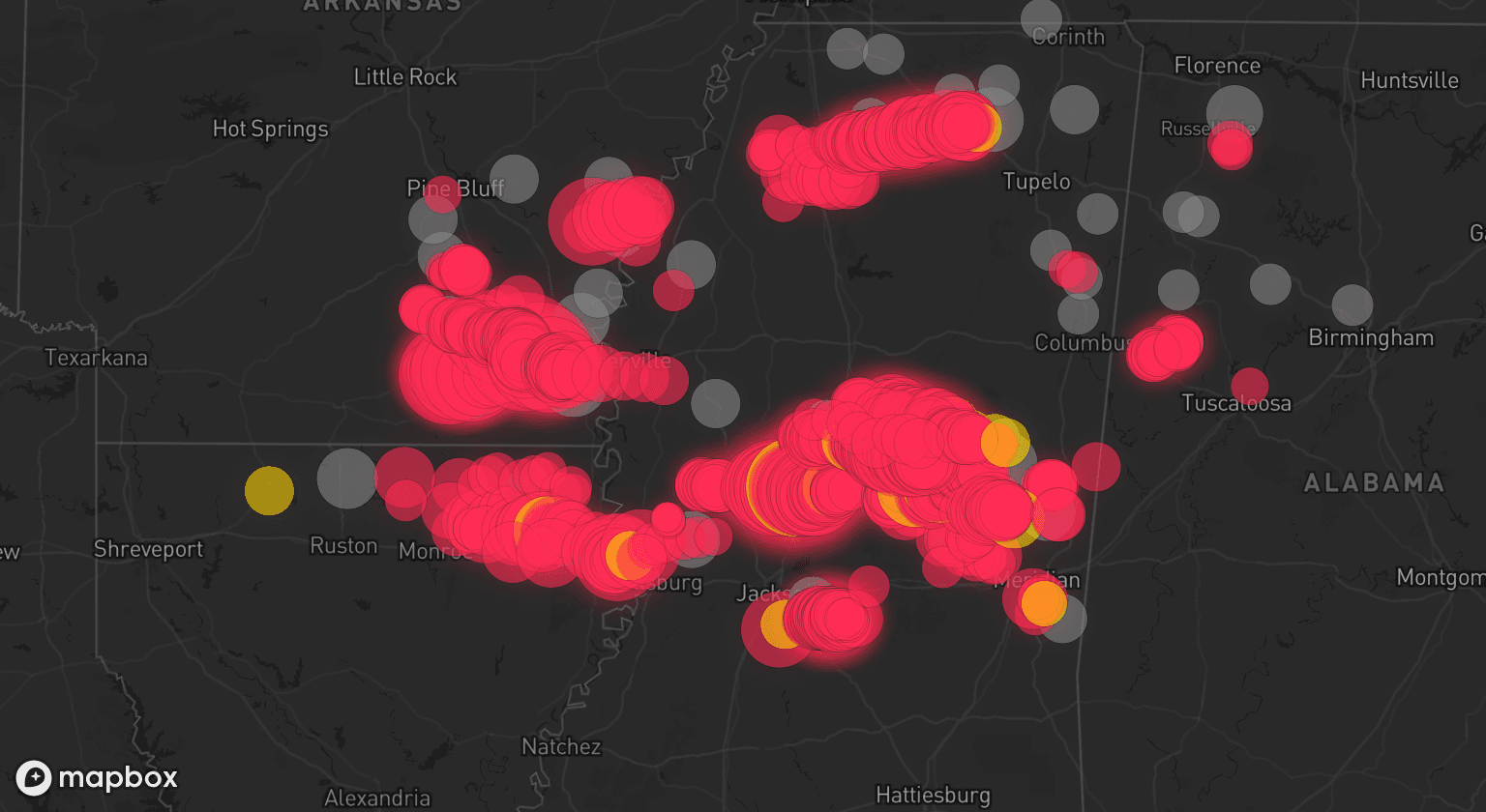Storm map for 51 areas across Mississippi, Arkansas, Louisiana, Alabama, and Tennessee