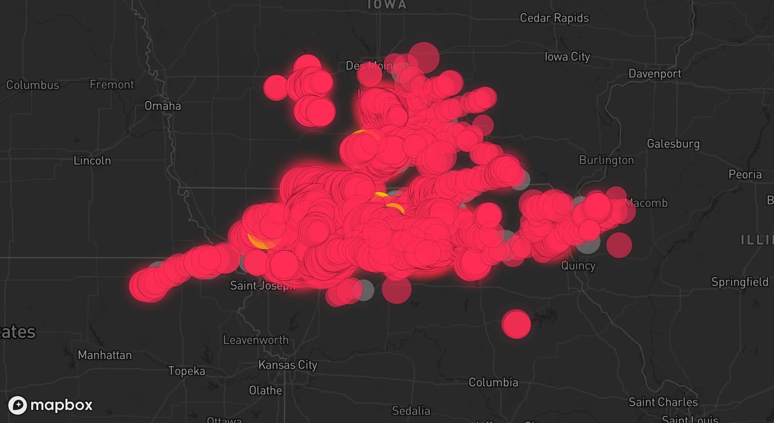 Storm map for 37 areas across Missouri, Iowa, Kansas, and Illinois