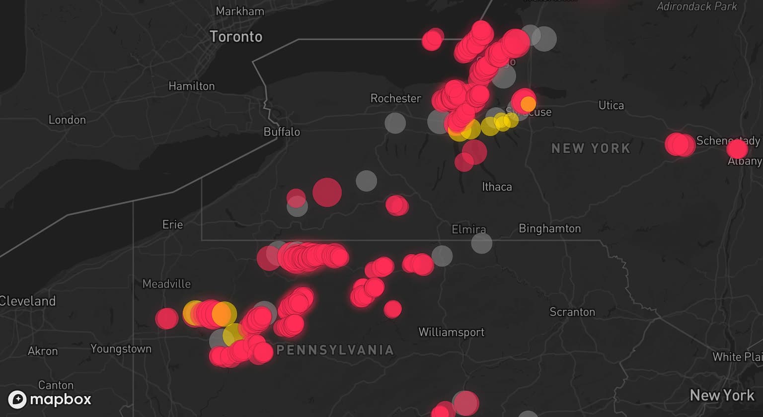 Storm map for 18 areas across Pennsylvania and New York