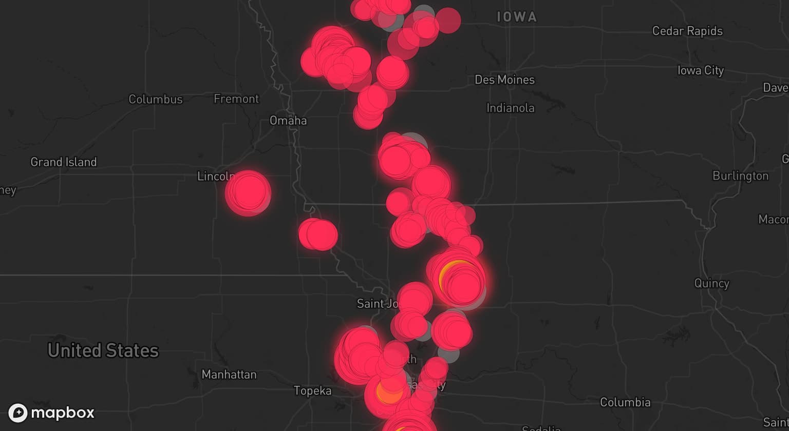 Storm map for 31 areas across Kansas, Missouri, Iowa, and Nebraska