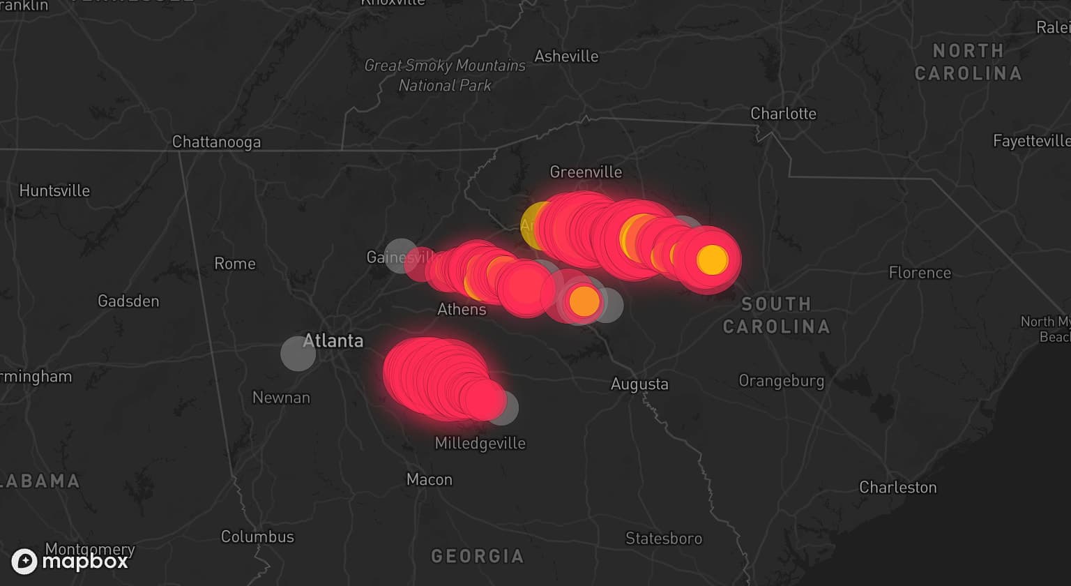 Storm map for 16 areas across South Carolina and Georgia