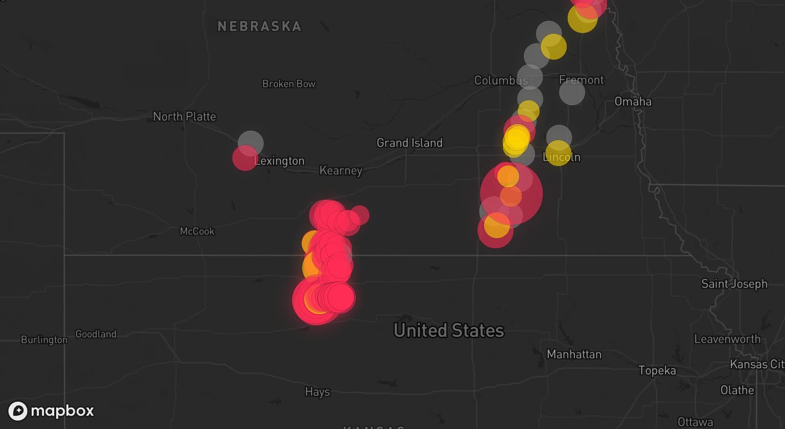 Storm map for 18 areas across Nebraska, Kansas, Iowa, and South Dakota