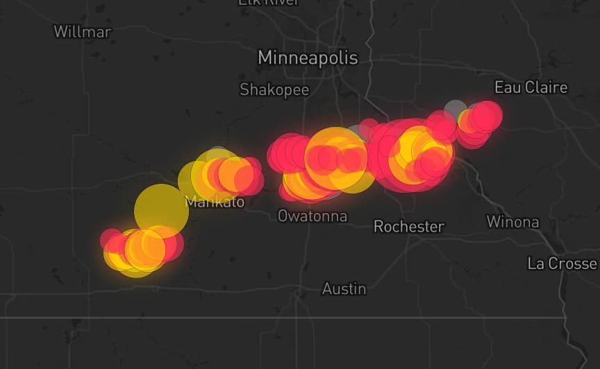 Storm map for 8 areas across Minnesota and Wisconsin