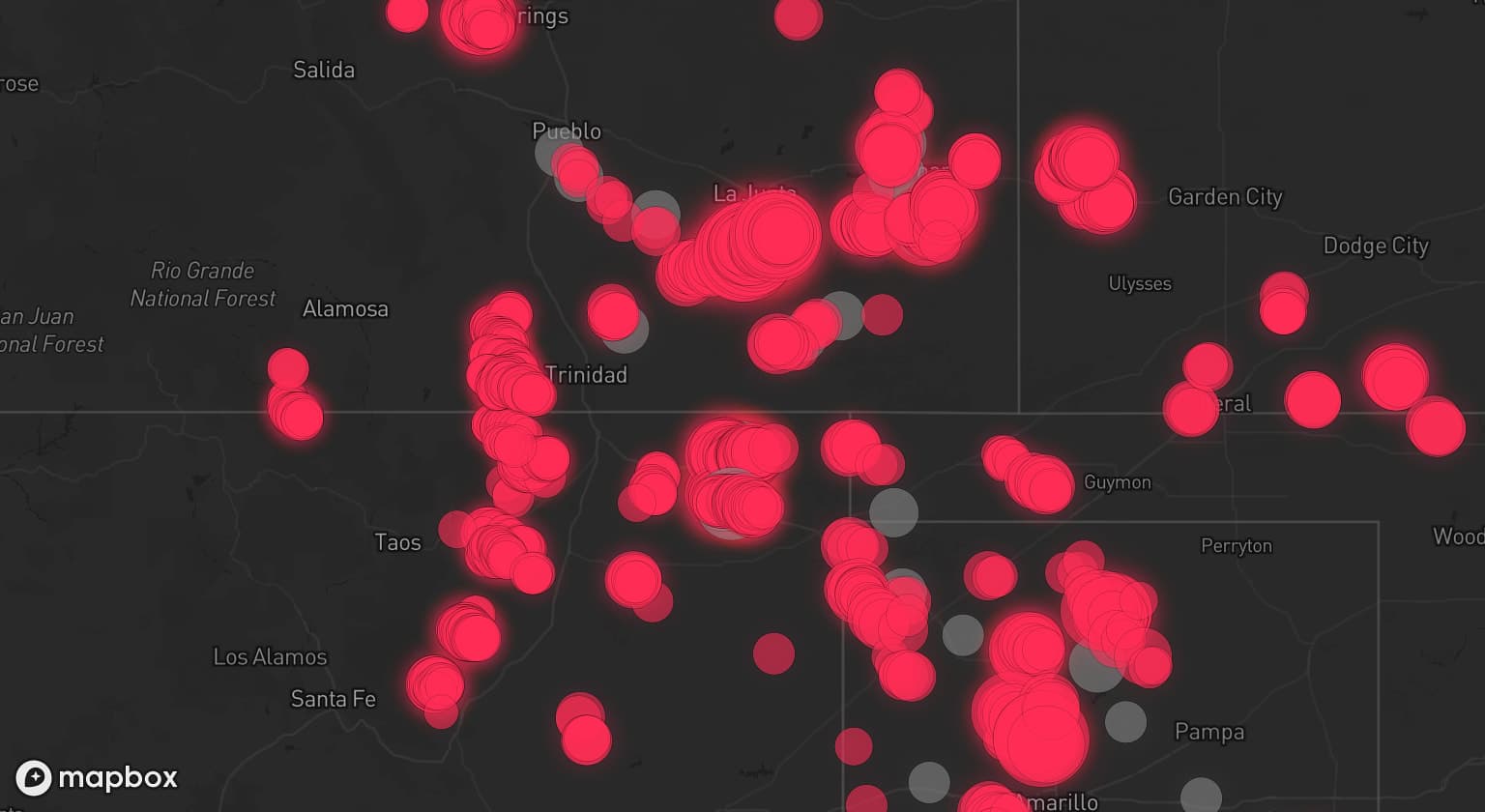Storm map for 23 areas across New Mexico, Colorado, Texas, and Oklahoma