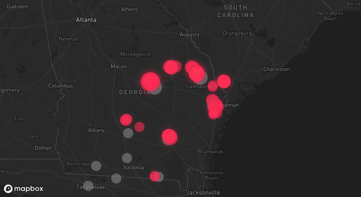 Storm map for 13 areas across Georgia, Florida, and South Carolina