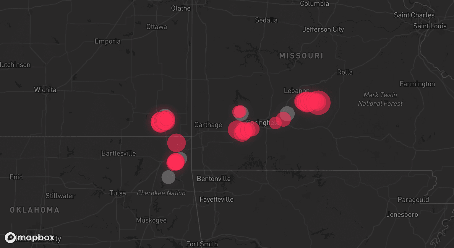 Storm map for 7 areas across Missouri, Kansas, and Oklahoma
