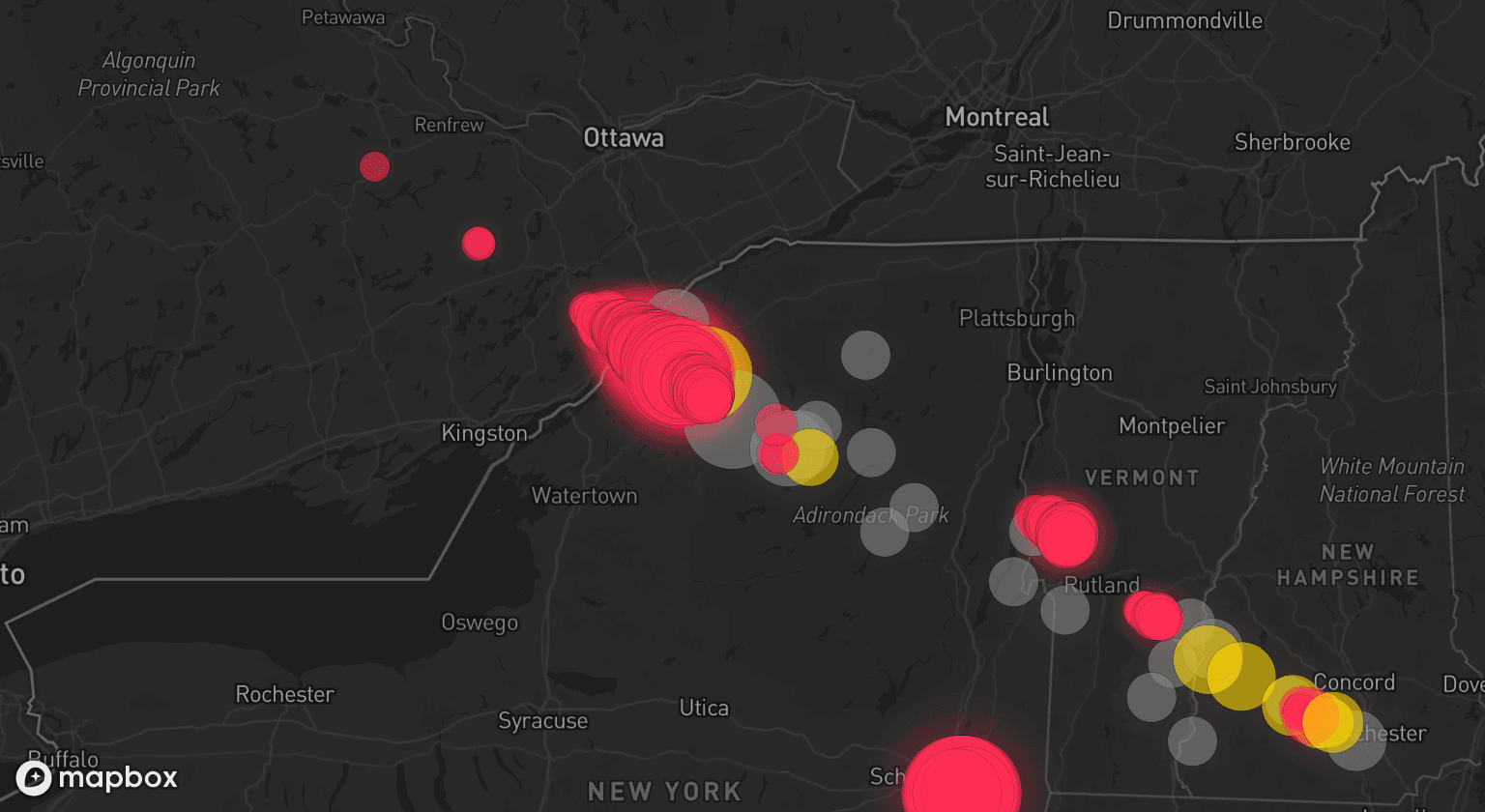 Storm map for 16 areas across New York, New Hampshire, and Vermont