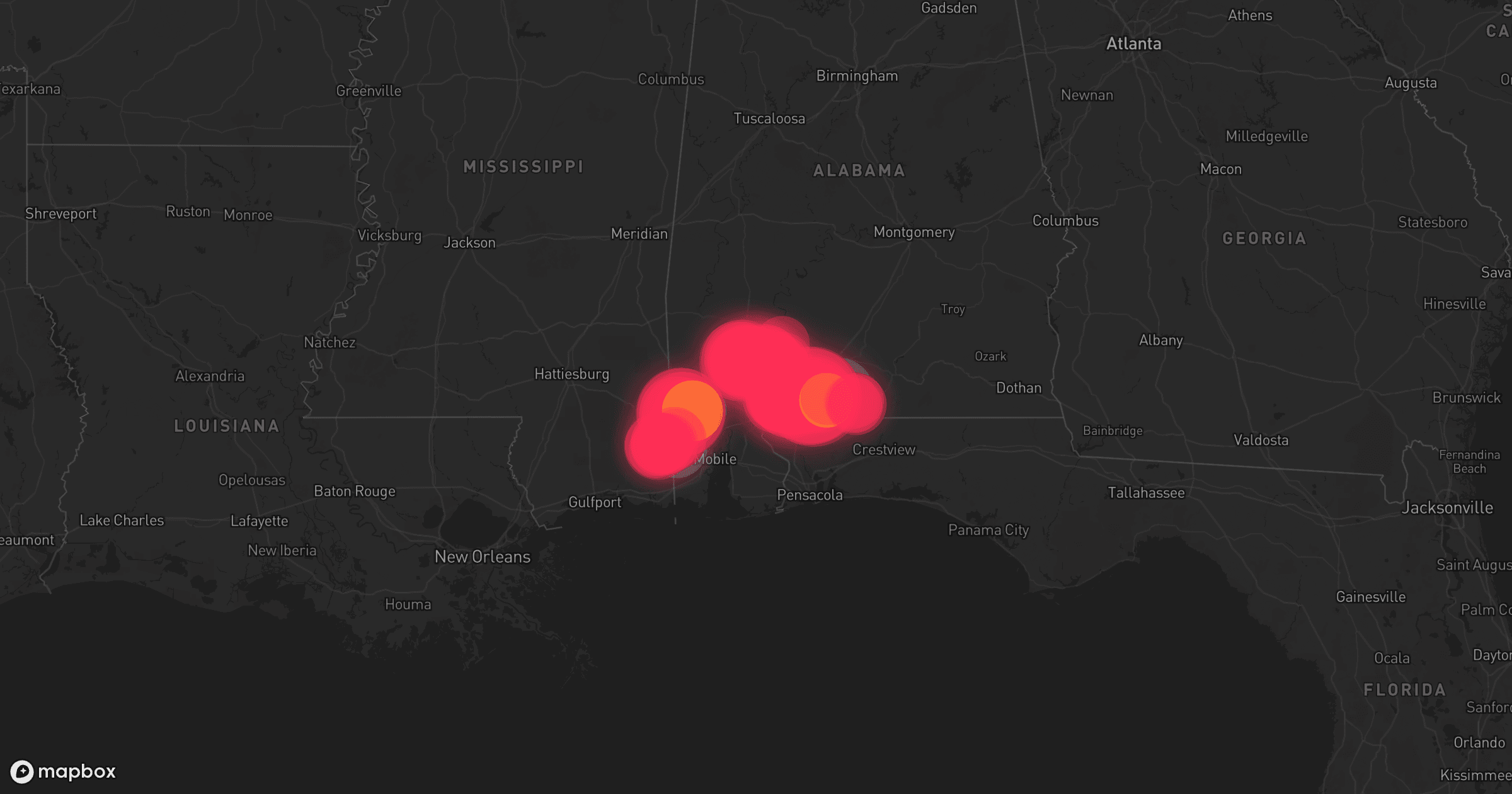 Storm map for 5 areas across Alabama and Mississippi