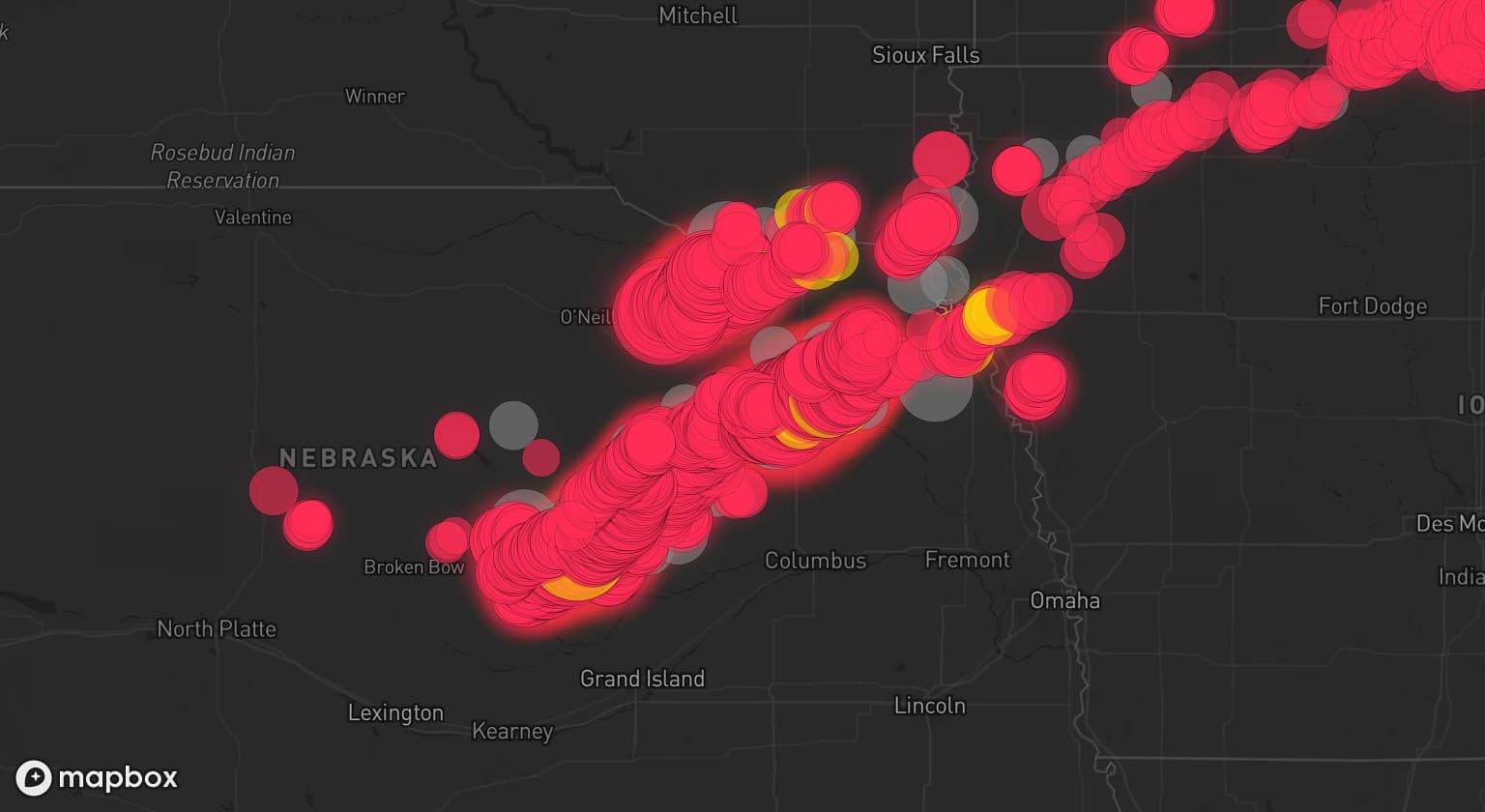 Storm map for 37 areas across Nebraska, South Dakota, Minnesota, and Iowa